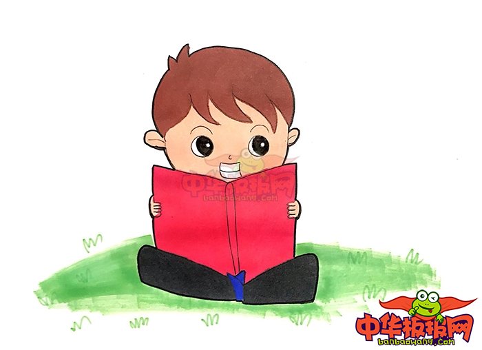 小男孩坐着看书简笔画