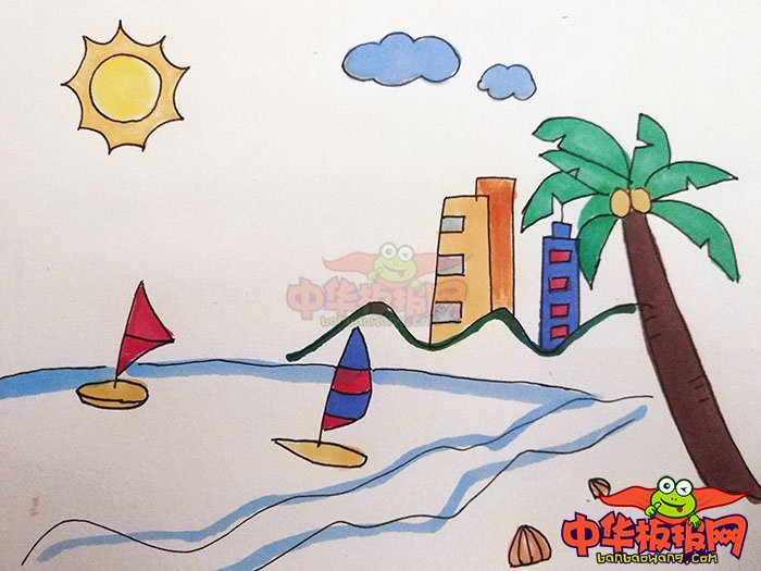儿童海边沙滩简笔画图片带颜色
