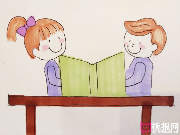 两个小孩坐着看书简笔画