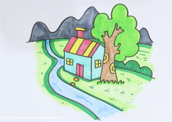 家乡的风景简笔画山水,建筑,树木