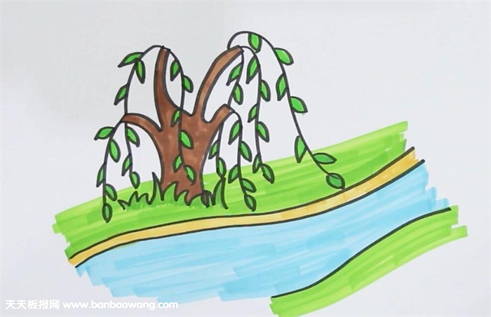 河边的柳树彩色简笔画儿童画