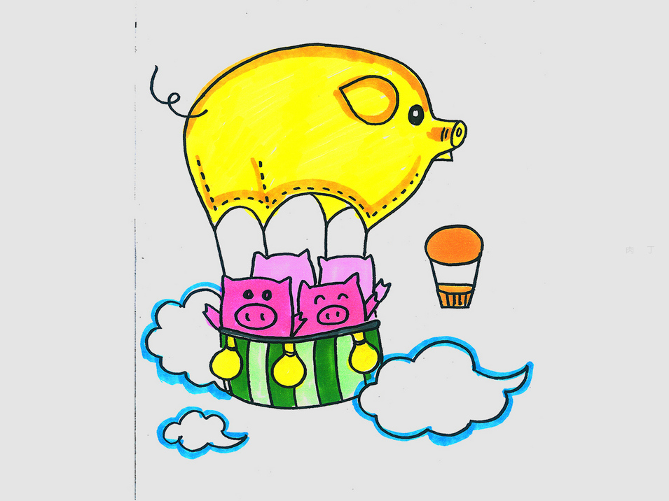 小猪坐热气球的画法