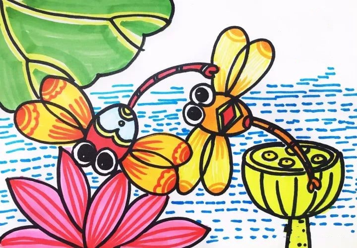 画两只可爱的小蜻蜓和荷花简笔画