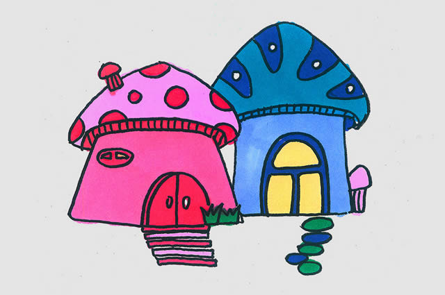 两个漂亮的蘑菇屋子怎么画